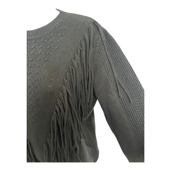 Chouyatou Sweater Fringe Black Patterned Knit Pullover Crew Neck Medium NWT - Picture 3 of 5